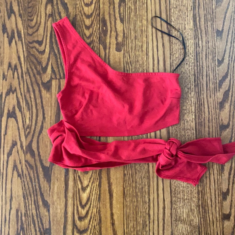 One shoulder red top